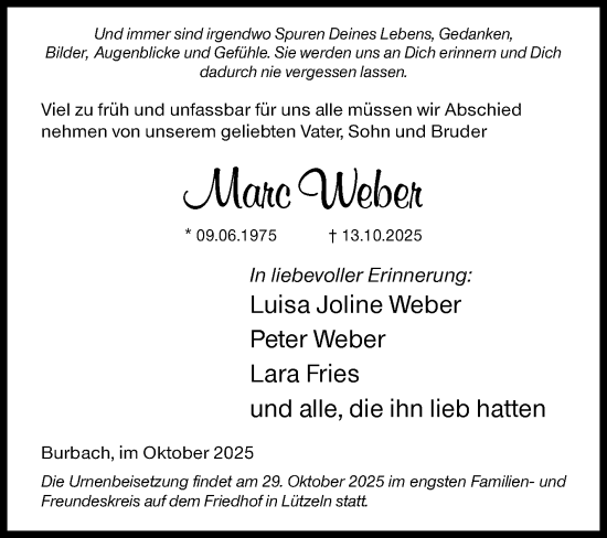 Traueranzeige von Marc Weber von Siegener Zeitung