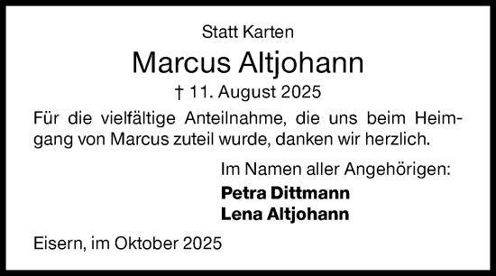 Traueranzeige von Marcus Altjohann von Siegener Zeitung