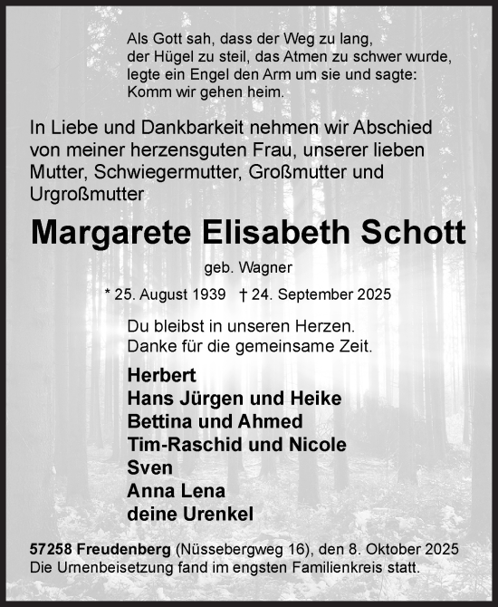 Traueranzeige von Margarete Elisabeth Schott von Siegener Zeitung