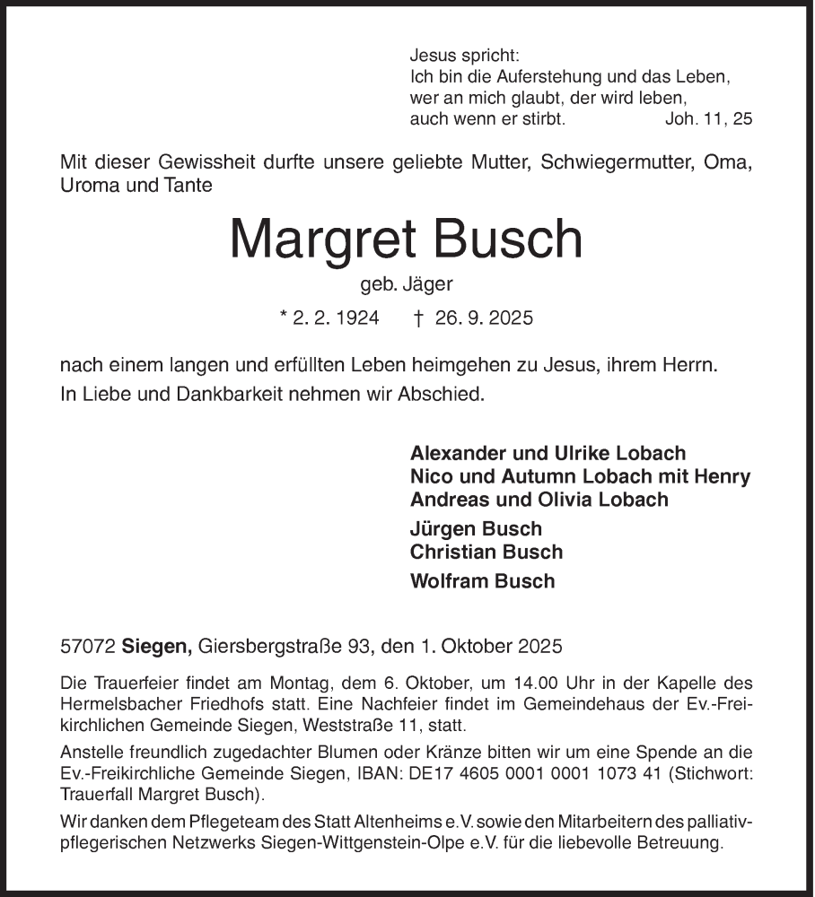 Traueranzeige für Margret Busch vom 01.10.2025 aus Siegener Zeitung