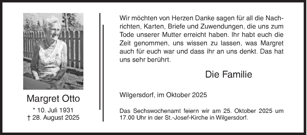  Traueranzeige für Margret Otto vom 18.10.2025 aus Siegener Zeitung