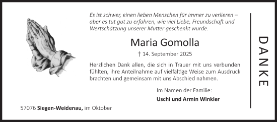 Traueranzeige von Maria Gomolla von Siegener Zeitung