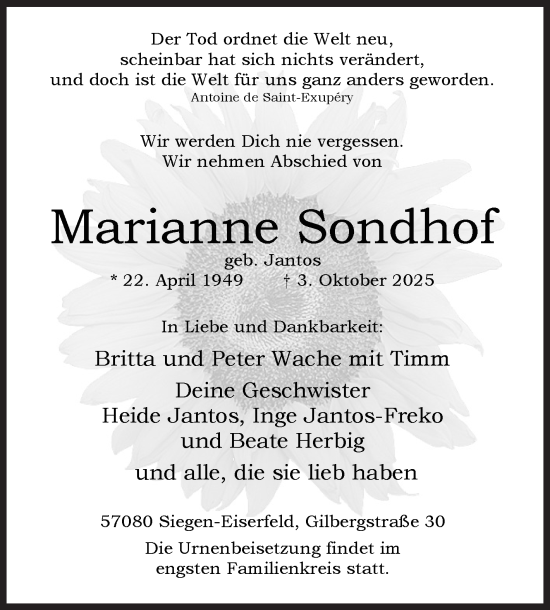 Traueranzeige von Marianne Sondhof von Siegener Zeitung