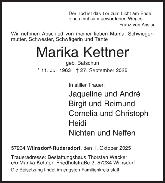 Traueranzeige von Marika Kettner von Siegener Zeitung