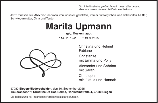Traueranzeige von Marita Upmann von Siegener Zeitung