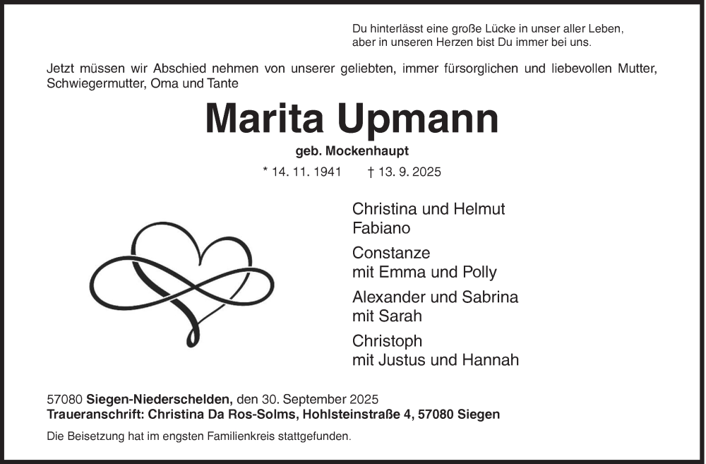  Traueranzeige für Marita Upmann vom 30.09.2025 aus Siegener Zeitung