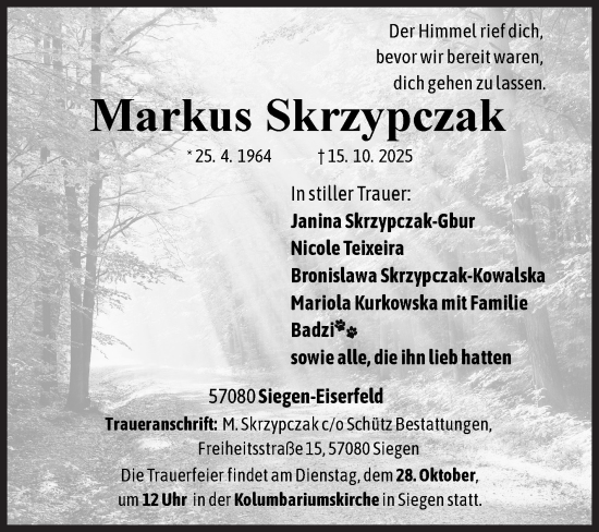 Traueranzeige von Markus Skrzypczak von Siegener Zeitung
