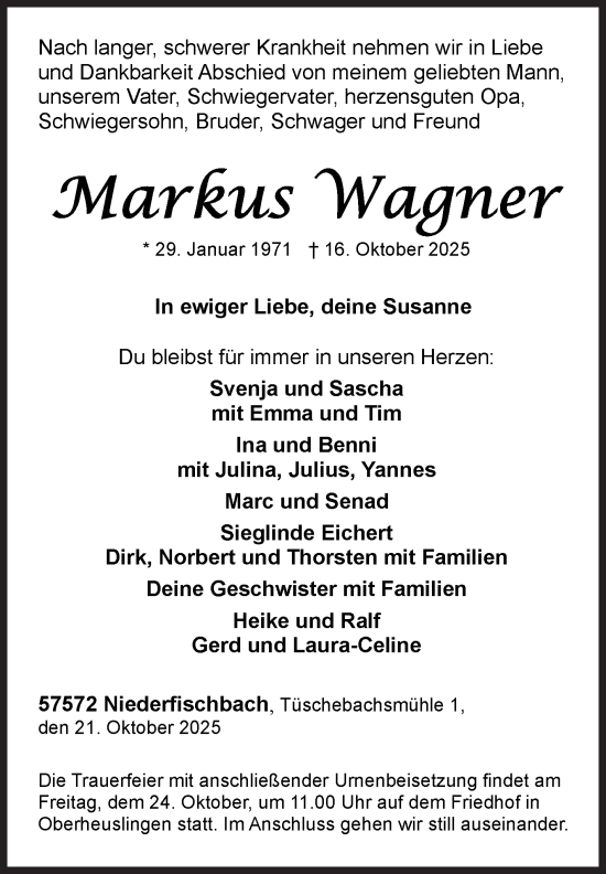 Traueranzeige von Markus Wagner von Siegener Zeitung