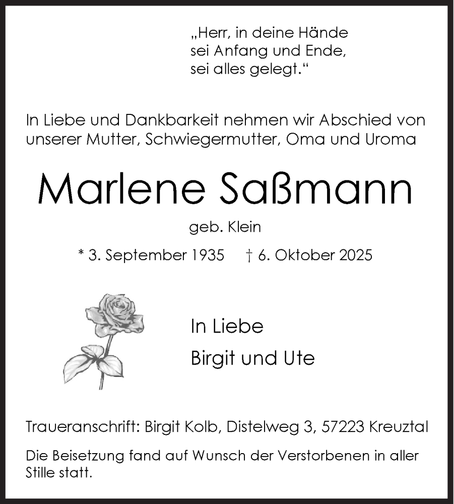  Traueranzeige für Marlene Saßmann vom 11.10.2025 aus Siegener Zeitung