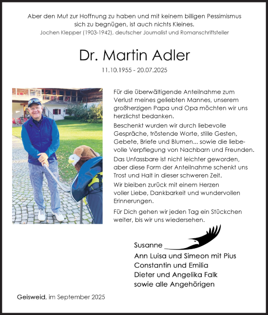 Traueranzeige von Martin Adler von Siegener Zeitung