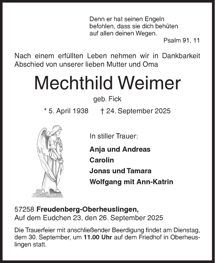  Traueranzeige für Mechthild Weimer vom 26.09.2025 aus Siegener Zeitung