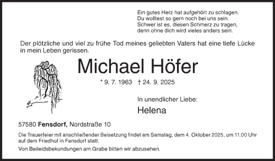 Traueranzeige von Michael Höfer von Siegener Zeitung