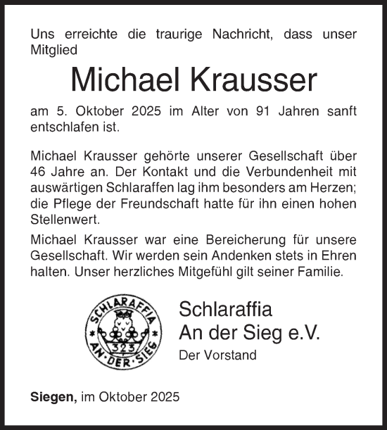 Traueranzeige von Michael Krausser von Siegener Zeitung