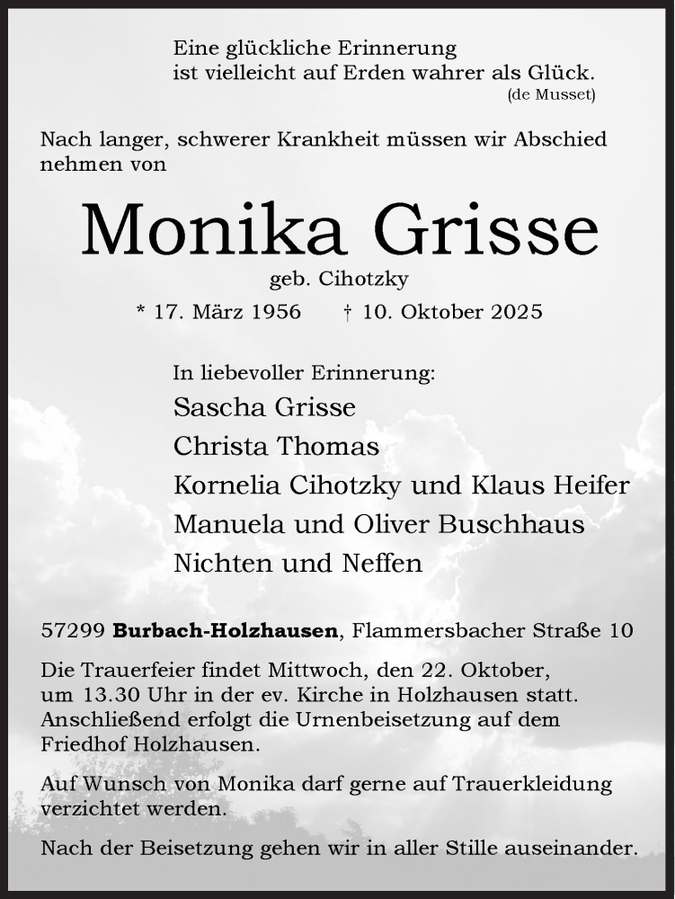  Traueranzeige für Monika Grisse vom 15.10.2025 aus Siegener Zeitung