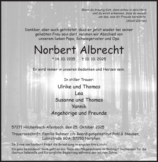 Traueranzeige von Norbert Albrecht von Siegener Zeitung