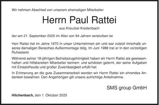 Traueranzeige von Paul Rattei von Siegener Zeitung