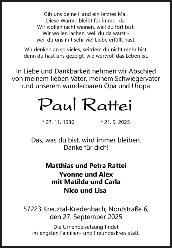 Traueranzeige von Paul Rattei von Siegener Zeitung