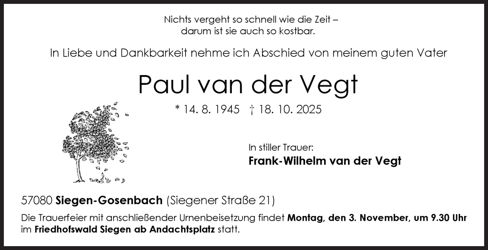  Traueranzeige für Paul van der Vegt vom 25.10.2025 aus Siegener Zeitung