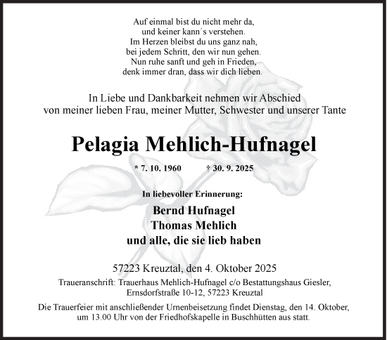 Traueranzeige von Pelagia Mehlich-Hufnagel von Siegener Zeitung