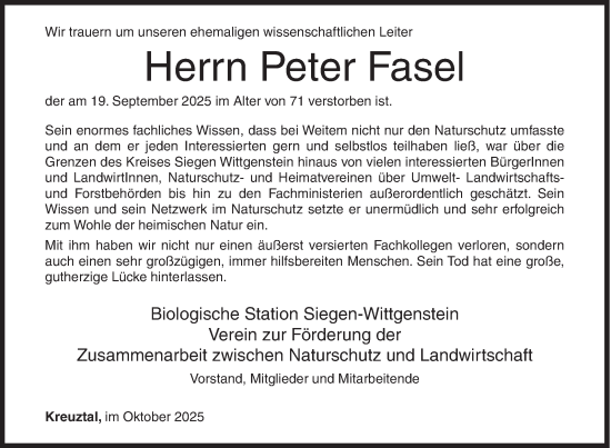 Traueranzeige von Peter Fasel von Siegener Zeitung
