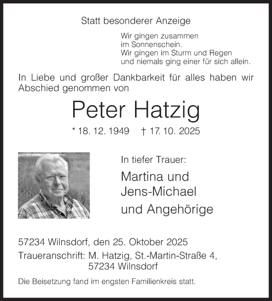 Traueranzeige von Peter Hatzig von Siegener Zeitung