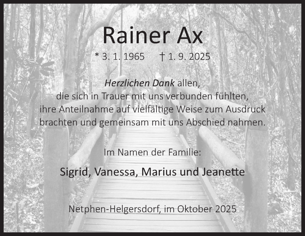  Traueranzeige für Rainer Ax vom 01.10.2025 aus Siegener Zeitung