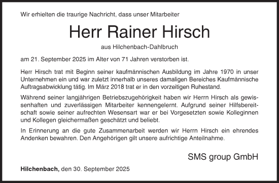 Traueranzeige von Rainer Hirsch von Siegener Zeitung