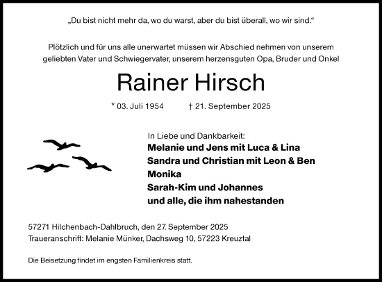 Traueranzeige von Rainer Hirsch von Siegener Zeitung