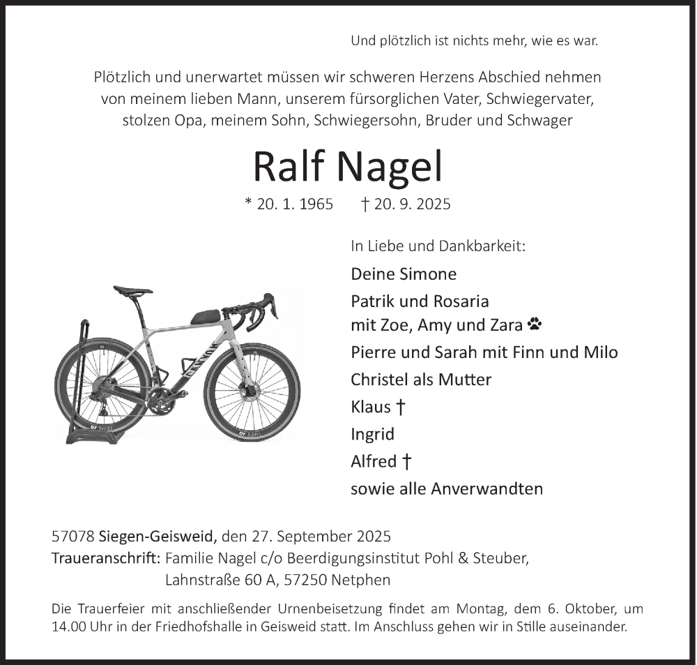  Traueranzeige für Ralf Nagel vom 27.09.2025 aus Siegener Zeitung