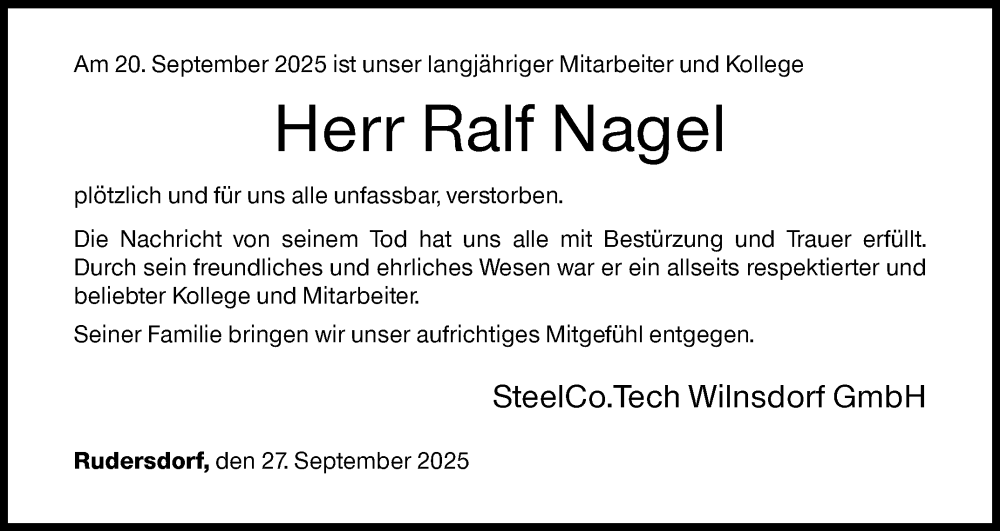  Traueranzeige für Ralf Nagel vom 27.09.2025 aus Siegener Zeitung
