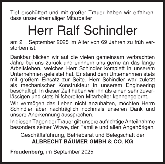 Traueranzeige von Ralf Schindler von Siegener Zeitung