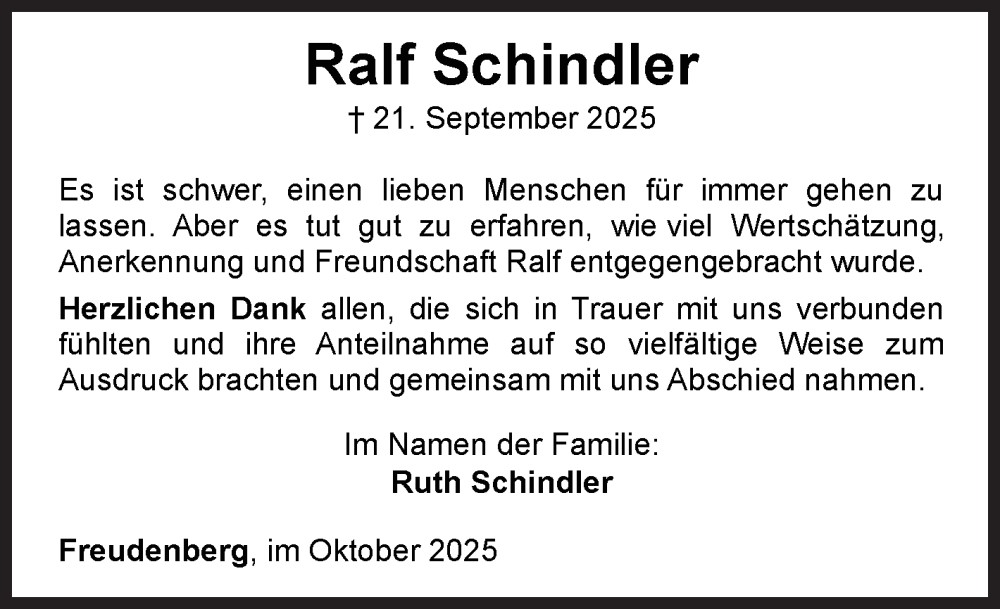  Traueranzeige für Ralf Schindler vom 25.10.2025 aus Siegener Zeitung