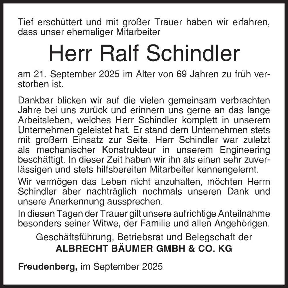  Traueranzeige für Ralf Schindler vom 27.09.2025 aus Siegener Zeitung