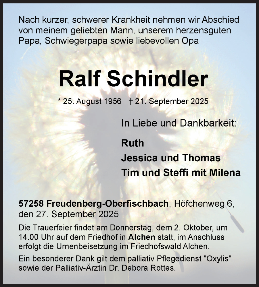  Traueranzeige für Ralf Schindler vom 27.09.2025 aus Siegener Zeitung
