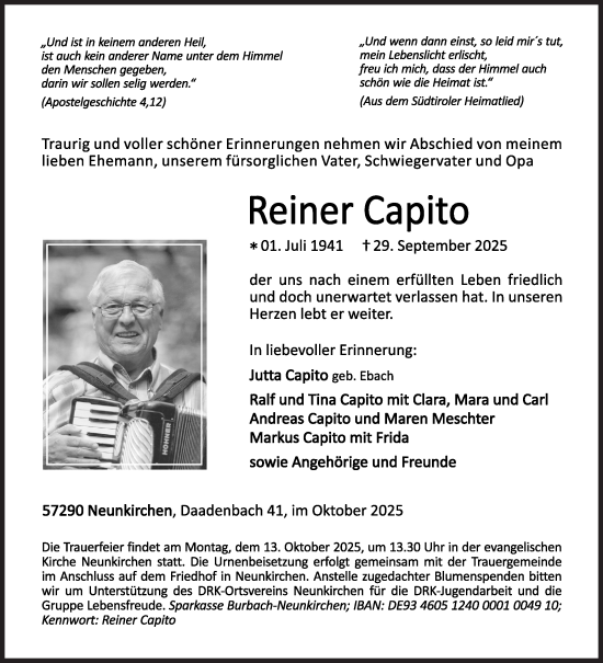 Traueranzeige von Reiner Capito von Siegener Zeitung