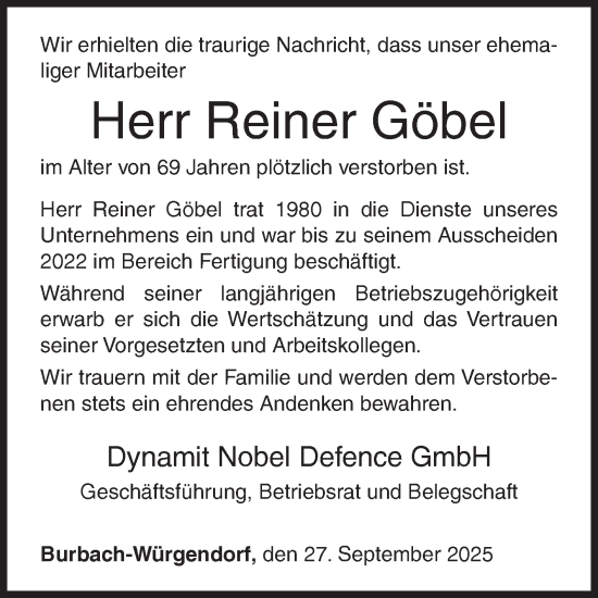 Traueranzeige von Reiner Göbel von Siegener Zeitung