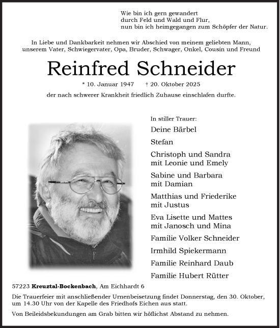Traueranzeige von Reinfred Schneider von Siegener Zeitung