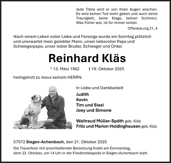 Traueranzeige von Reinhard Kläs von Siegener Zeitung