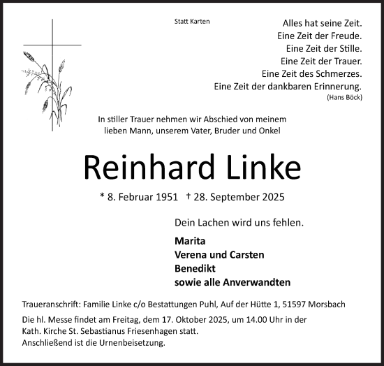Traueranzeige von Reinhard Linke von Siegener Zeitung