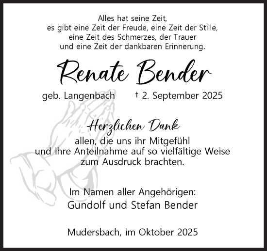Traueranzeige von Renate Bender von Siegener Zeitung