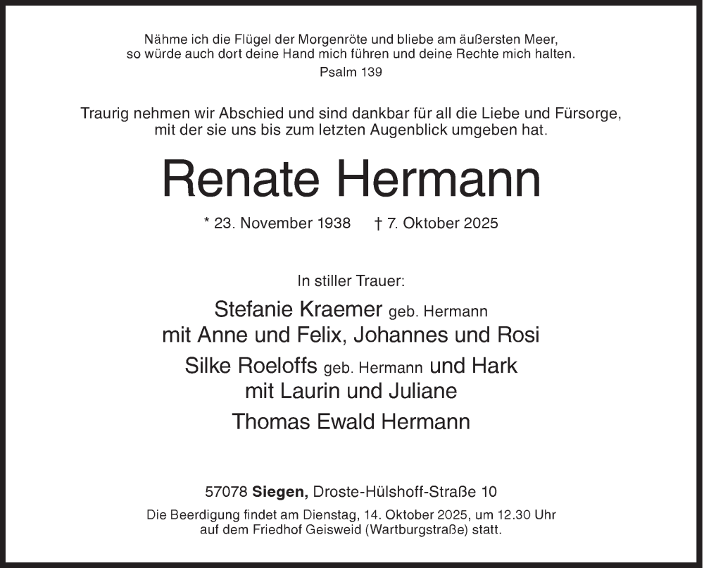 Traueranzeige für Renate Hermann vom 11.10.2025 aus Siegener Zeitung