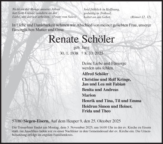 Traueranzeige von Renate Schöler von Siegener Zeitung