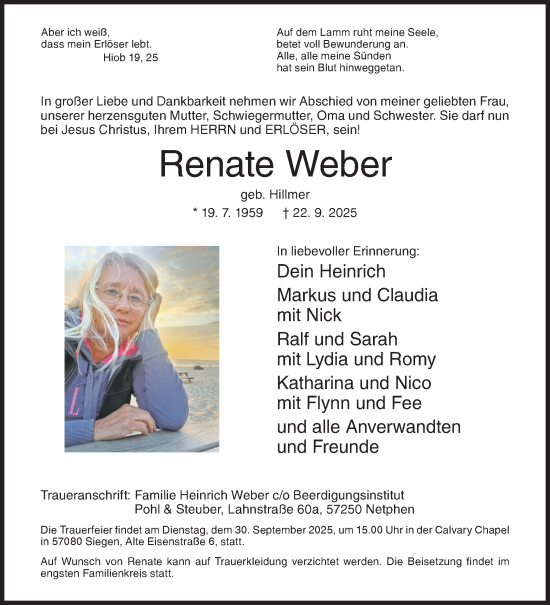 Traueranzeige von Renate Weber von Siegener Zeitung