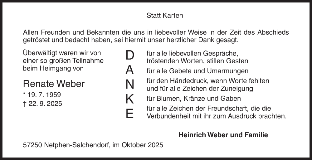  Traueranzeige für Renate Weber vom 25.10.2025 aus Siegener Zeitung