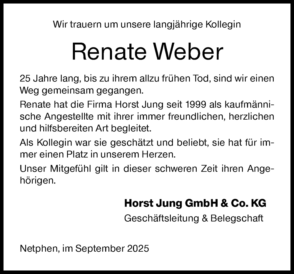  Traueranzeige für Renate Weber vom 27.09.2025 aus Siegener Zeitung