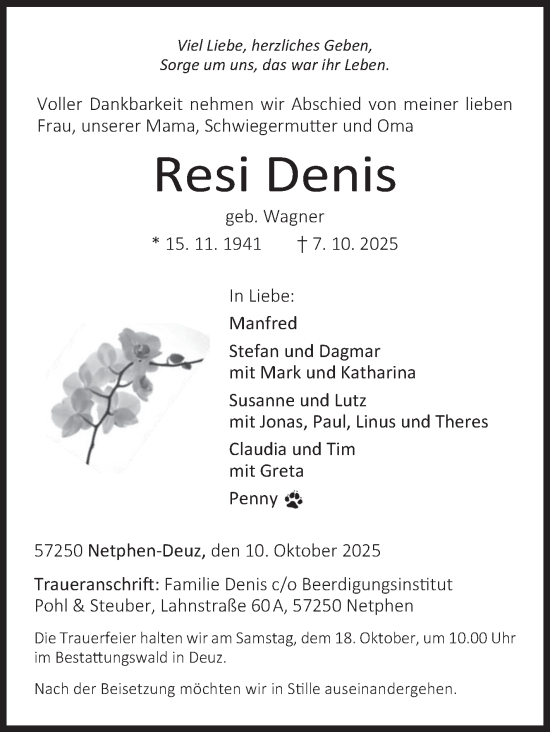 Traueranzeige von Resi Denis von Siegener Zeitung