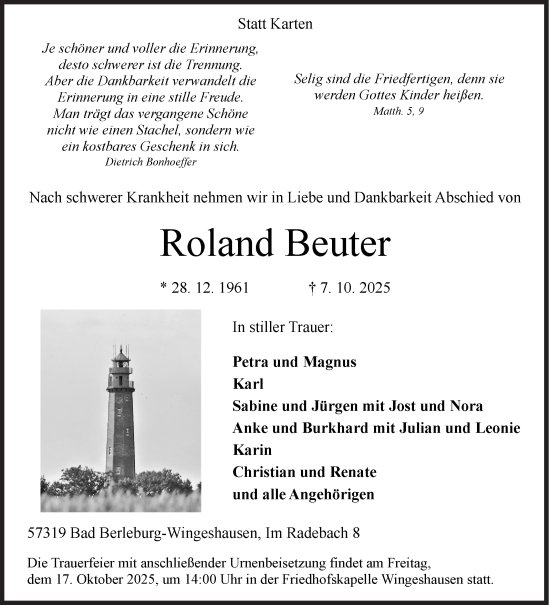 Traueranzeige von Roland Beuter von Siegener Zeitung