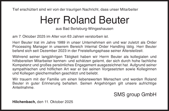 Traueranzeige von Roland Beuter von Siegener Zeitung