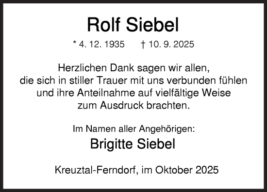 Traueranzeige von Rolf Siebel von Siegener Zeitung