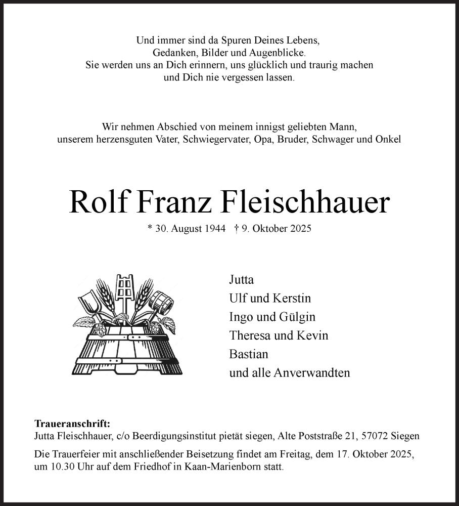 Traueranzeige für Rolf Franz Fleischhauer vom 15.10.2025 aus Siegener Zeitung